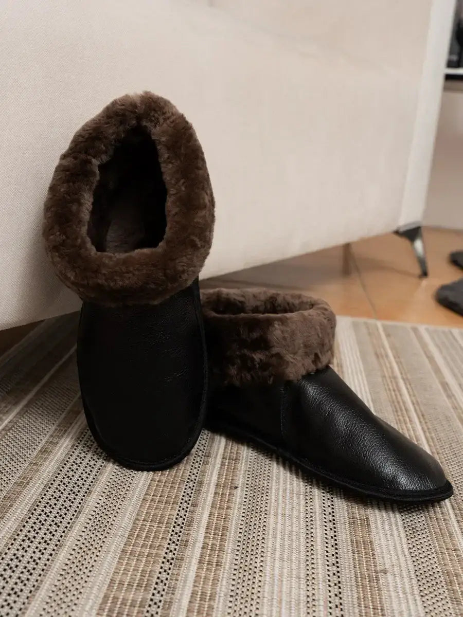 Chaussons Fourrés Cuir Noir / 35