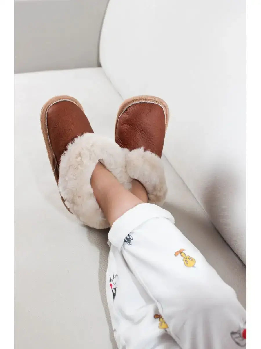 Chaussons Fourrés Mouton Enfant Brun
