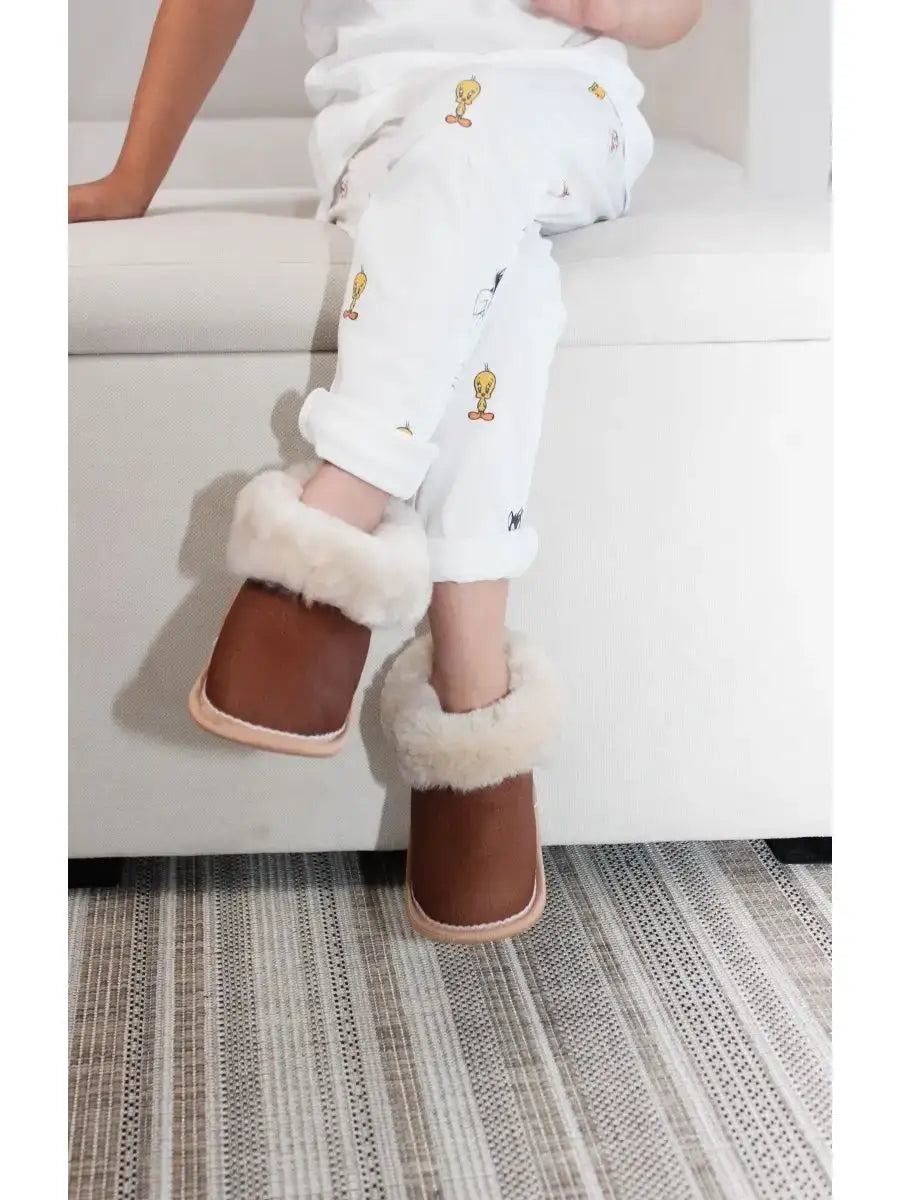 Chaussons Fourrés Mouton Enfant Brun