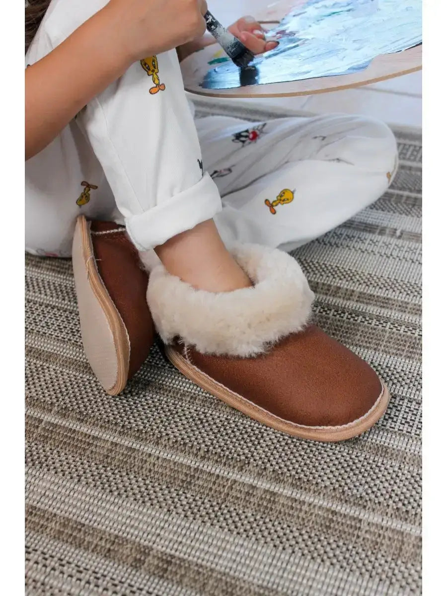 Chaussons Fourrés Mouton Enfant Brun